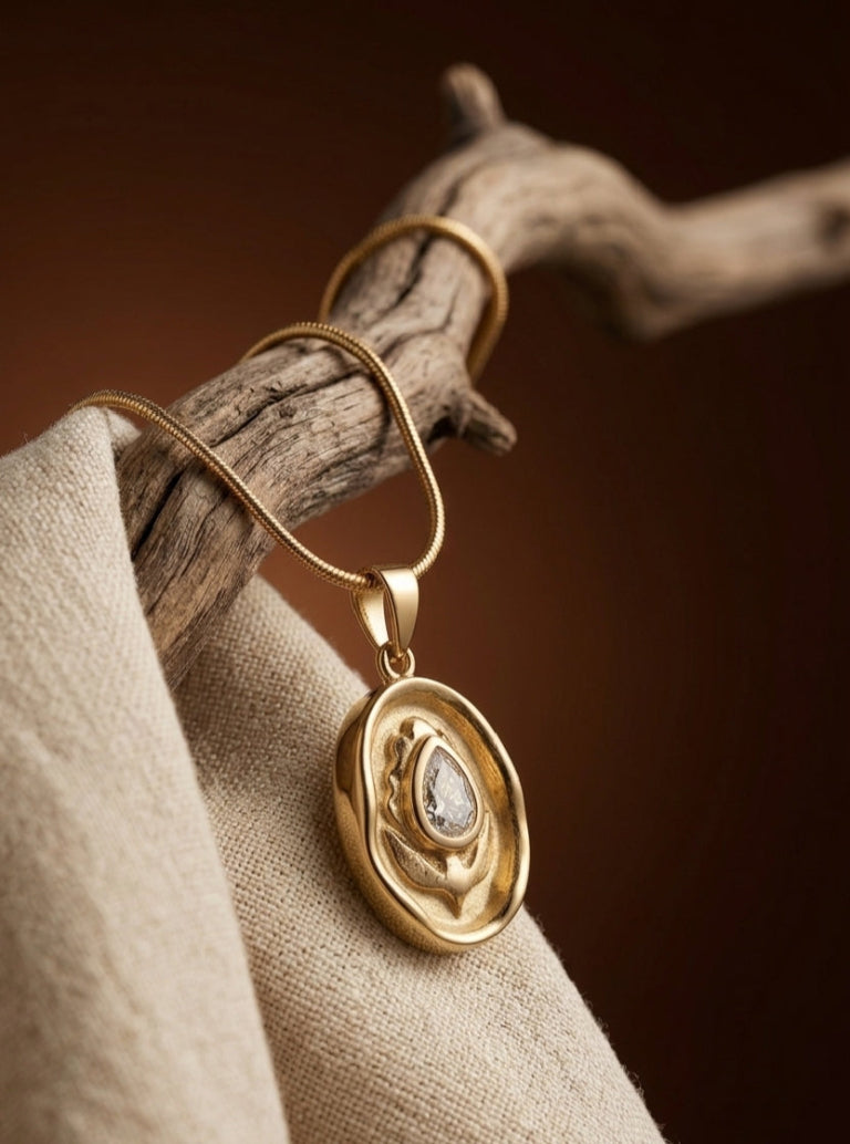 Gold necklace with a pendant on a wooden branch against a brown background