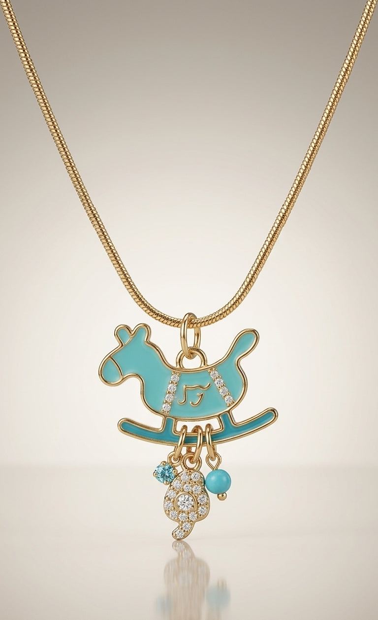 Necklace with a turquoise rocking horse pendant on a beige background