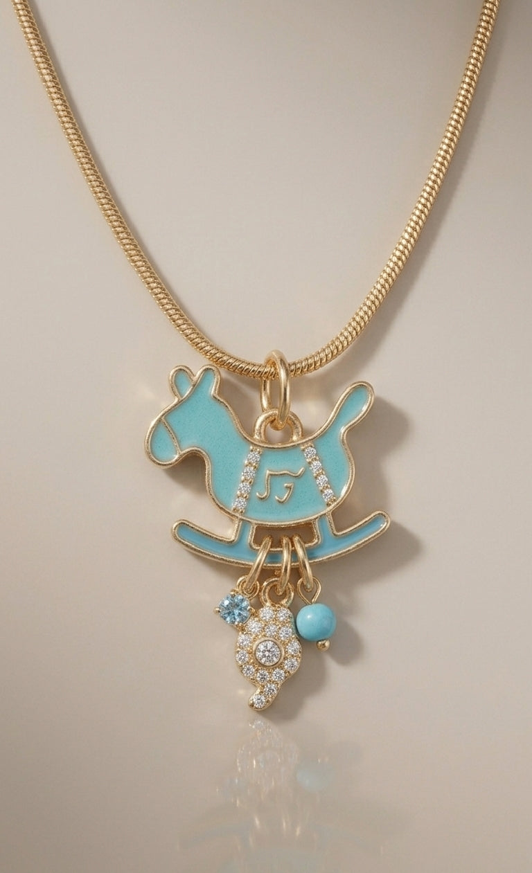 Necklace with a blue rocking horse pendant on a beige background